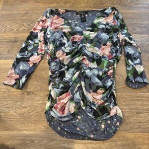 WHBM Reversible Mesh Top Med Tulip Garden 3/4 Sleeve Floral Lightweight Sheer